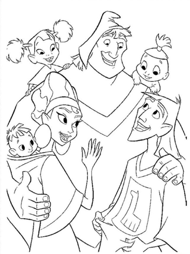 Dibujo de Pacha con su familia y con Kuzco para colorear